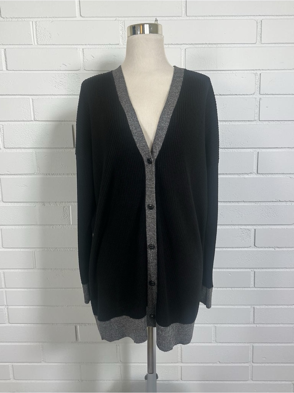 NWT rag & bone Black Ribbed Cardigan with Gray Contrast Trim